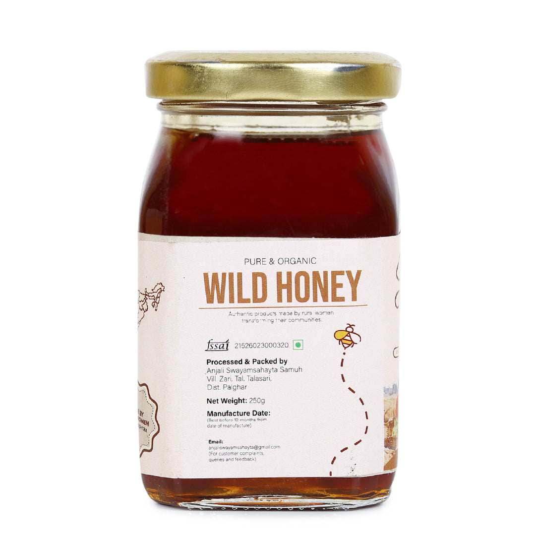 Wild forest honey jar, back label with ingredients